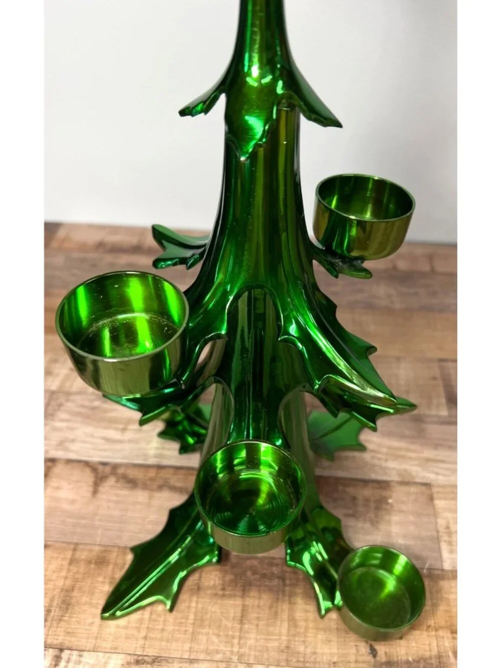 Metallic Green Christmas Tree Tealight Holder With Star Holds 6 Candles Heavy